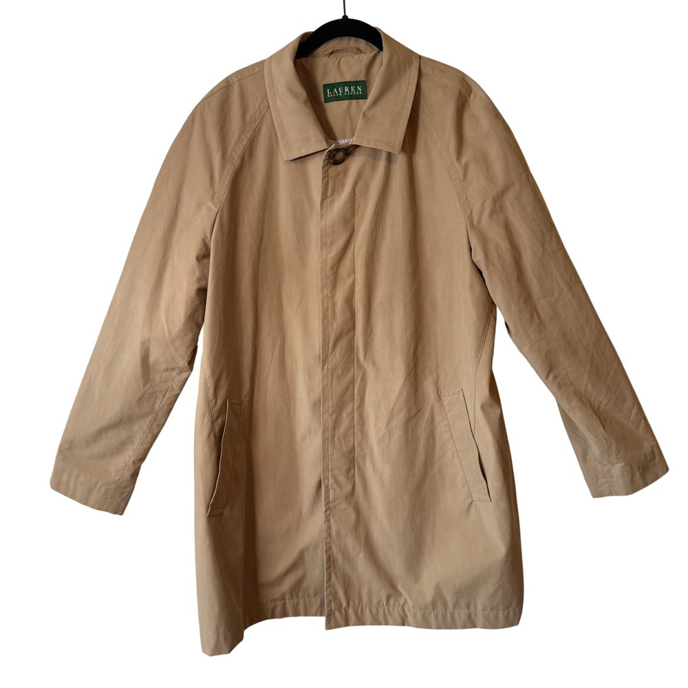 Ralph Lauren Mens Khaki Car Coat Hidden Button Trench Jacket 42R Classic